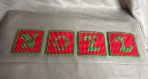 Vintage Christmas NOEL Coasters Handmade Yarn Plastic Canvas Needlepoint 3” - Picture 1 of 7