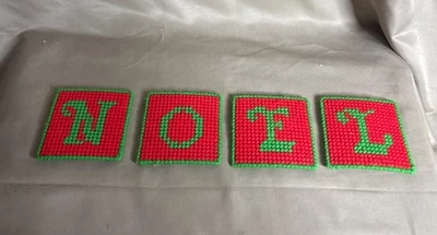 Vintage Christmas NOEL Coasters Handmade Yarn Plastic Canvas Needlepoint 3” - Image 1 of 4