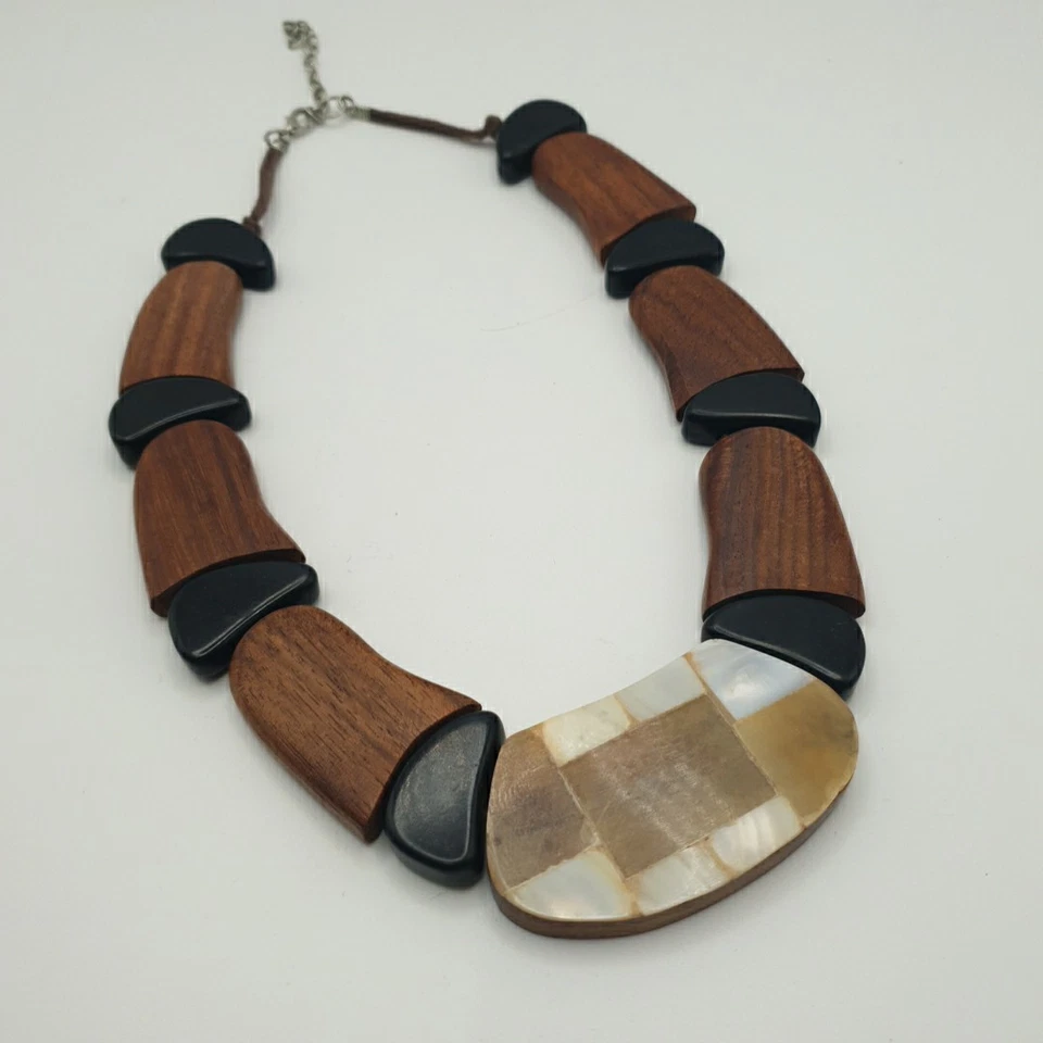 Vintage Teak Wood & Mother of Pearl Chunky Statement Collar Necklace 20" Long - Image 1 of 4