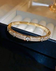 Gold Plated Stainless Steel CZ Bangle Bracelet Sparkling Statement - Picture 1 of 5