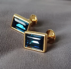 Shiny Gold-Plated Dark Blue Simulated Lapis Lazuli Gemstone Cufflinks - Picture 1 of 4