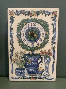 Vtg Blue White Santa Floral Barbara Ceramic Design Wall Clock Fruit Flower 1996 - Picture 1 of 6