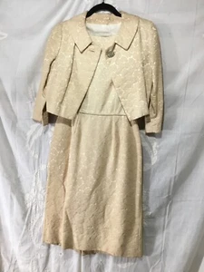 vintage Cream Jacquard brocade dress and jacket with brooch #20 - Picture 1 of 5
