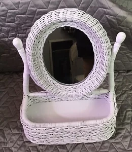 Vintage Table Top White Wicker Vanity Mirror with Shelf Hand Woven NIB - Picture 1 of 10