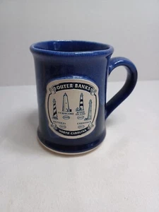 NC Outer Banks Leuchttürme blaue Tropfglasur 16 Unzen Kaffeetasse Steinzeug Korkboden - Bild 1 von 5