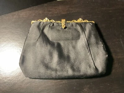 Antique Deco Handbag Gold Tone Filigree Frame Black Satin Evening Bag Marcasites - Image 1 of 4