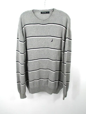 NAUTICA Pullover Sweater Men Large Gray Striped Long Sleeve 100% Cotton Casual - Image 1 of 4