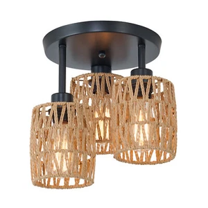 3-Light Semi Flush Mount Ceiling Light Farmhouse Rattan Pendant Lamp Fixture NEW - Picture 1 of 18