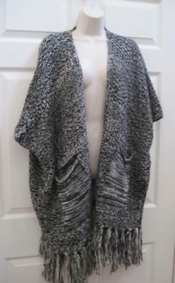 Poncho suéter Ellen Tracy XL para mujer negro blanco tweed correa de cuero flecos Foto 1 de 4