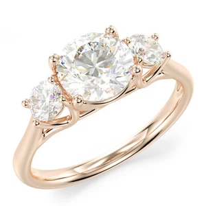 Solid 14K Solid Rose Pink Gold Round Cut 3 Three Stone Engagement Promise Ring - Picture 1 of 8