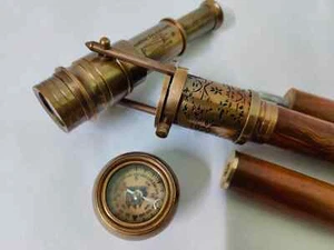 Vintage Brass Engraved Walking Cane with Compass and Telescope Nautical Spyglass - Picture 1 of 3
