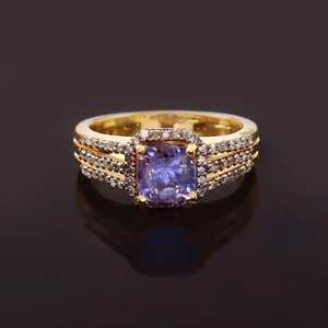 Anillo de plata 925 con piedras preciosas y diamantes pavé de tanzanita corte cojín natural - Imagen 1 de 3