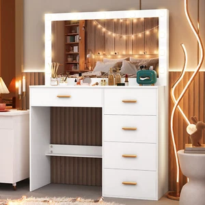 Dressing Table with Led Lights Large Mirror 5 Drawers White Makeup Desk UK - Picture 1 of 10
