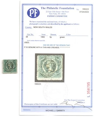 Nueva Gales del Sur NSW Australia 1860 Sc# 38 5p verde usado con certificado de autenticidad PF * Foto 1 de 2