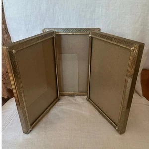 Vintage Picture Frame Gold Tone Metal Tri Fold table top mcm 6 3/4x5” photo  - Picture 1 of 11