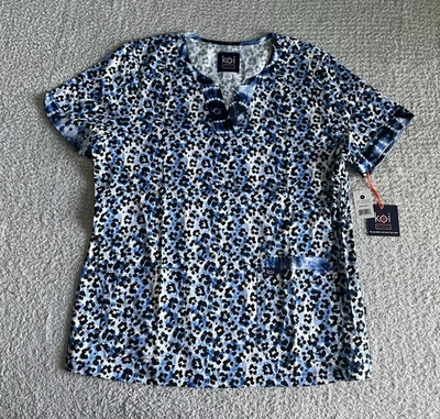 Koi Stretch Scrub Top Women’s Sz Large Blue Tie Dye Leopard Nursing Medical - Image 1 of 4