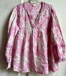 ✩Lovely *EAST HERITAGE* Pink Floral Beaded Sequin Hand Block Print Tunic 16✩ - Picture 1 of 10