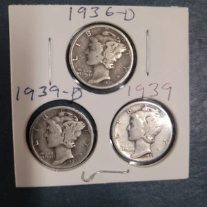 1936 D,  1939, 1939 D Mercury, dimes 90 percent silver - Picture 1 of 4