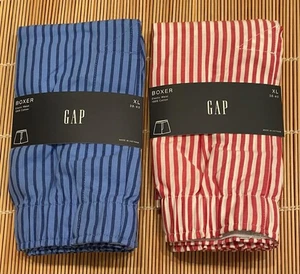 GAP 2 Pairs MEN Boxer 100% Cotton Red White Dark Blue Stripe Large 35-36 - Picture 1 of 2