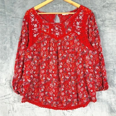 Top Mujer Grande Rojo Boho Floral Crochet Encaje Gasa Campesino Hippie Femenino Foto 1 de 4
