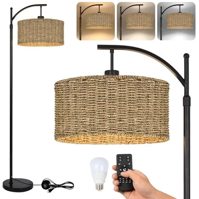 Arc Rattan Floor Lamp for Living Room with Remote,Black Floor Lamps with 3 Co... - Image 1 of 4