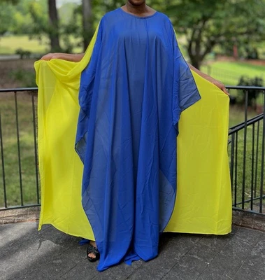 Maxi Vestido Caftán Hecho a Mano Amarillo y Azul Dos Tonos Gasa Transparente Maxi Capas Foto 1 de 4