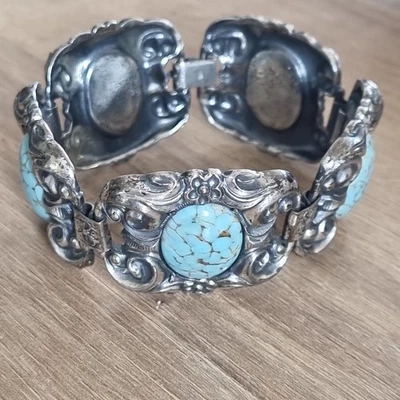 1970s Antiqued Silver Plated Square Panel Filigree Relief Blue Stone Bracelet - Image 1 of 4
