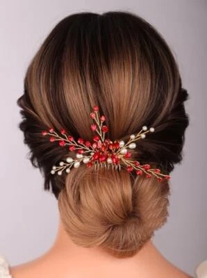 Peine de pelo de novia de cristal rojo peine de diamantes de imitación para boda con perla... Foto 1 de 4