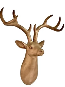 WOODEN 🦌GOLD DEER HEAD W ANTLERS🦌3D HANGING WALL DECOR 16”x13”STAG - Picture 1 of 13