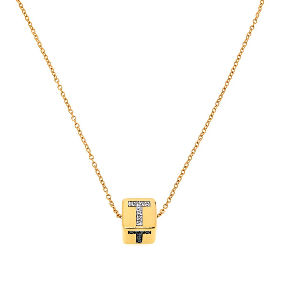 Collar de plata esterlina inicial con letra "T" de diamantes y piedras preciosas para mujer, tono dorado Foto 1 de 1