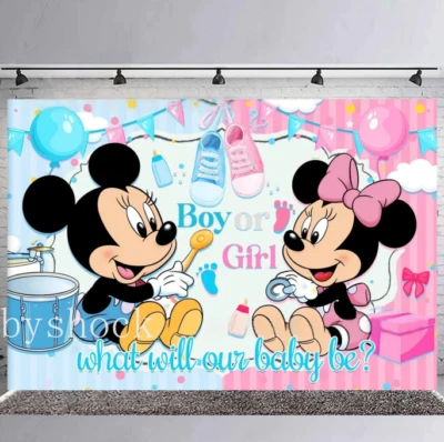 Mickey Minnie Mouse Revelación de Género Foto Fondo Banner Fiesta Telón de Fondo Decoración Foto 1 de 4