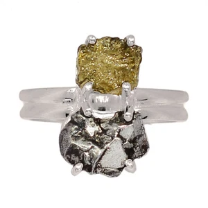 Natural Genuine Czech Moldavite & Meteorite 925 Silver Ring XOS2 s.6 CR64941 - Picture 1 of 1