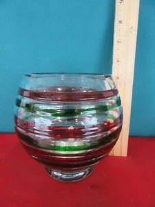 Hand Blown Art Glass Red Green Swirl Vase Candle Bowls Wiesenthalhutte Christmas - Picture 1 of 6