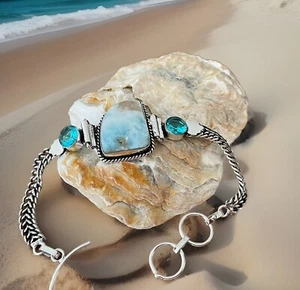Larimar &Blue Topaz Crystal Gemstone bracelet 20.5cm Long- 925 Silver Plated - Picture 1 of 4
