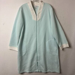 Miss Elaine robe house coat sz L full zip light blue white floral embroidered - Picture 1 of 6