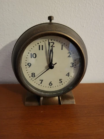 Vintage Bronze Standing Alarm Clock  Quartz Battery Operated Working Cover