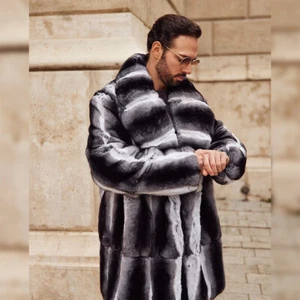 2024 Hombre Chinchilla Color Auténtico Rex Piel de Conejo Abrigo Revers Outwear Invierno - Imagen 1 de 5