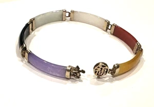 HENG NGAI HN STERLING 925 MULTI-COLOR JADE CHINESE GOOD LUCK  7" BRACELET EUC - Picture 1 of 6