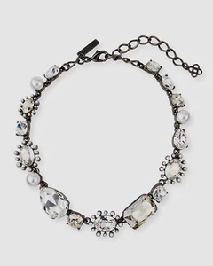 $890 Oscar de la Renta Silver Bold-Mix Pearl Crystal Jeweled Collar Necklace - Picture 1 of 3