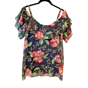 Cabi Women’s Sz M Navy Blue Fairy Tale Floral Cold Shoulder Shirt Top Blouse - Picture 1 of 9