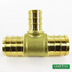 3/4 x 3/4 x 1/2" Tee LEAD FREE Brass Crimp Cinch PEX Fittings No Lead Compliant - Picture 1 of 3
