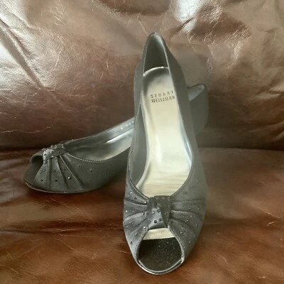 Stuart Weitzman Black Satin Rhinestone Open Toe Party Shoes US5.0 - Image 1 of 4