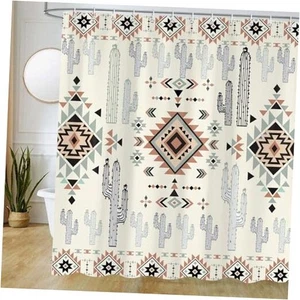 Western Aztec Cactus Shower Curtain, Boho Vintage Tribal Southwestern Beige - Picture 1 of 8