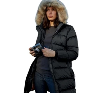 NEW! PRANA Black Kromata Long Puffer Jacket Coat Fur Hood Medium. - Picture 1 of 8