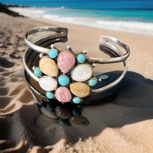 DESIGNER BARSE TURQUOISE MULTISTONE STERLING SILVER FLORAL BRACELET CUFF VINTAGE - Picture 1 of 9