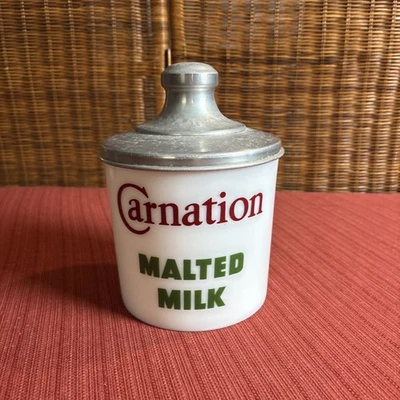 Carnation Malted Milk Advertising Milk Glass Canister Jar Container & Lid VTG - Image 1 of 4