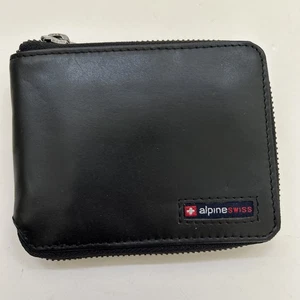 Alpine Swiss Black Leather Zipper Bifold Wallet RFID Blocking Men’s - Picture 1 of 5