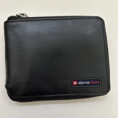 Alpine Swiss Black Leather Zipper Bifold Wallet RFID Blocking Men’s - Image 1 of 4