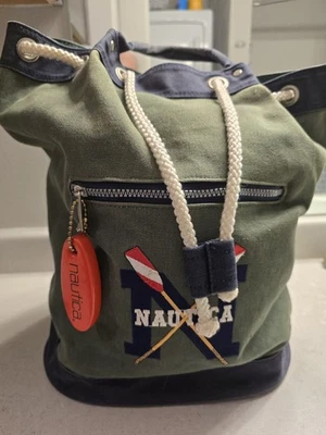 Vintage NAUTICA Green Blue Heavy Canvas Draw Pull String Sailor Seaman Sling Bag - Image 1 of 4