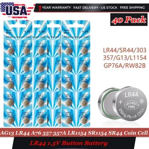 40 pezzi AG13 LR44 A76 357 357A LR1154 SR1154 SR44 1,5 V batteria a bottone cella a monete US - Foto 1 di 6